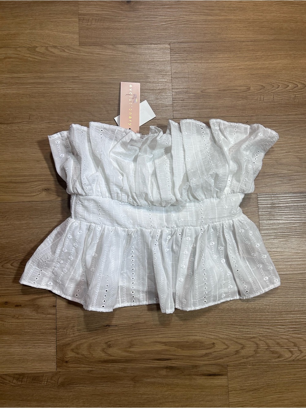 Evolutionary Size S White Eyelet Off Shoulder Peplum Top Cottagecore